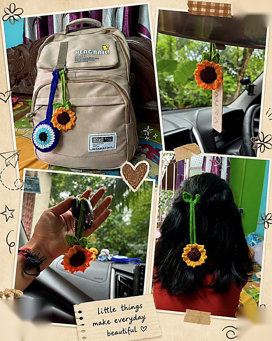 Customer photos of crochet charms on a bag, a car mirror, keys and hair